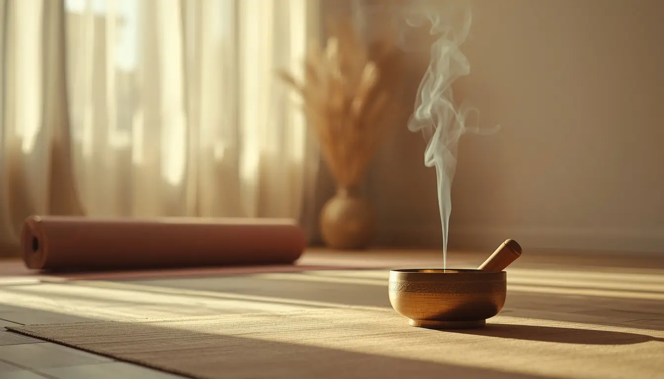 Estudio de yoga con cuenco tibetano e incienso